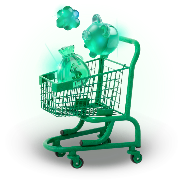 Carrito de compras con alcancía y bolsa de dinero